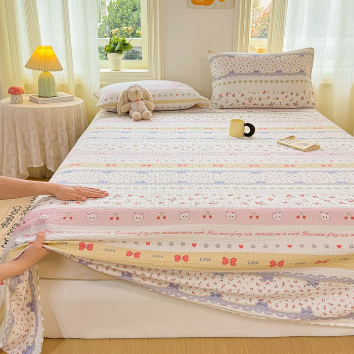 91家纺网 家纺一手货源 找家纺 梵朴 2026新款A类泡芙纱云感邹邹纱双层纱单床单 蝴蝶结小兔