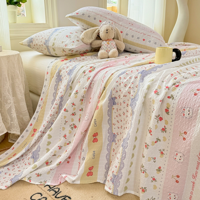 91家纺网 家纺一手货源 找家纺 梵朴 2026新款A类泡芙纱云感邹邹纱双层纱单床单 蝴蝶结小兔