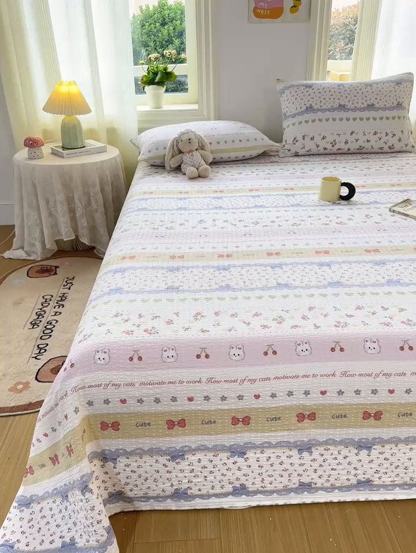 91家纺网 家纺一手货源 找家纺 梵朴 2026新款A类泡芙纱云感邹邹纱双层纱单床单 蝴蝶结小兔