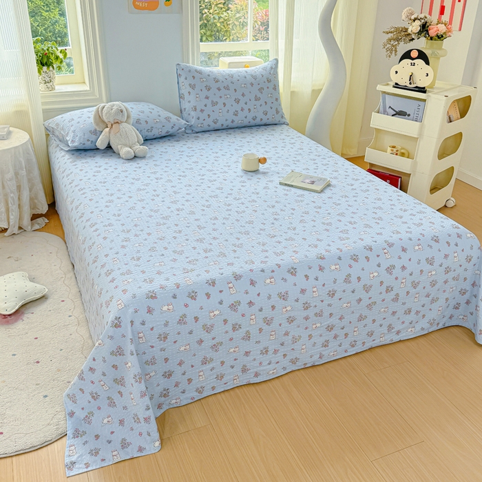 91家纺网 家纺一手货源 找家纺 梵朴 2026新款A类泡芙纱云感邹邹纱双层纱单床单 花丛小兔