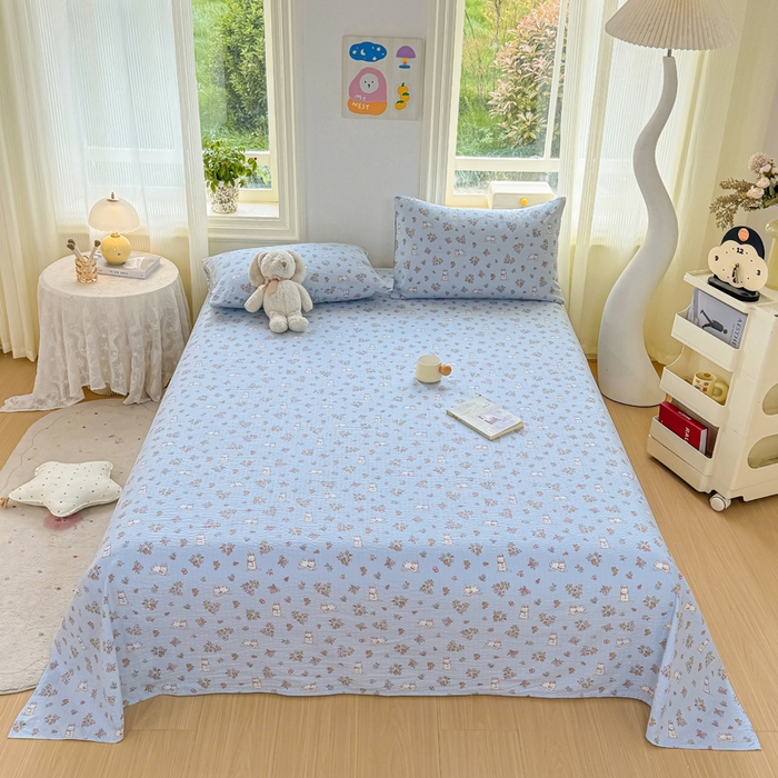 91家纺网 家纺一手货源 找家纺 梵朴 2026新款A类泡芙纱云感邹邹纱双层纱单床单 花丛小兔