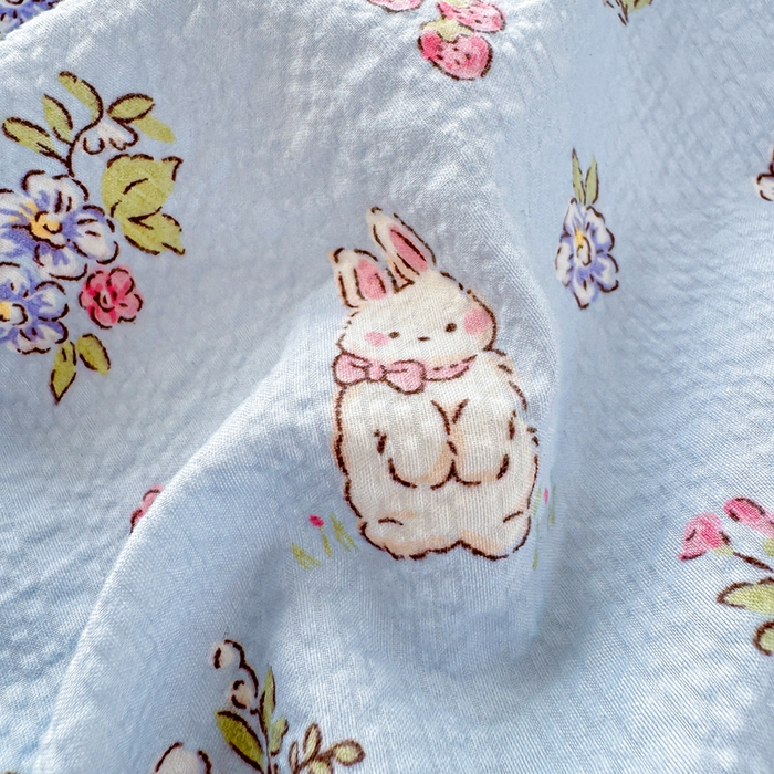 91家纺网 家纺一手货源 找家纺 梵朴 2026新款A类泡芙纱云感邹邹纱双层纱单床单 花丛小兔