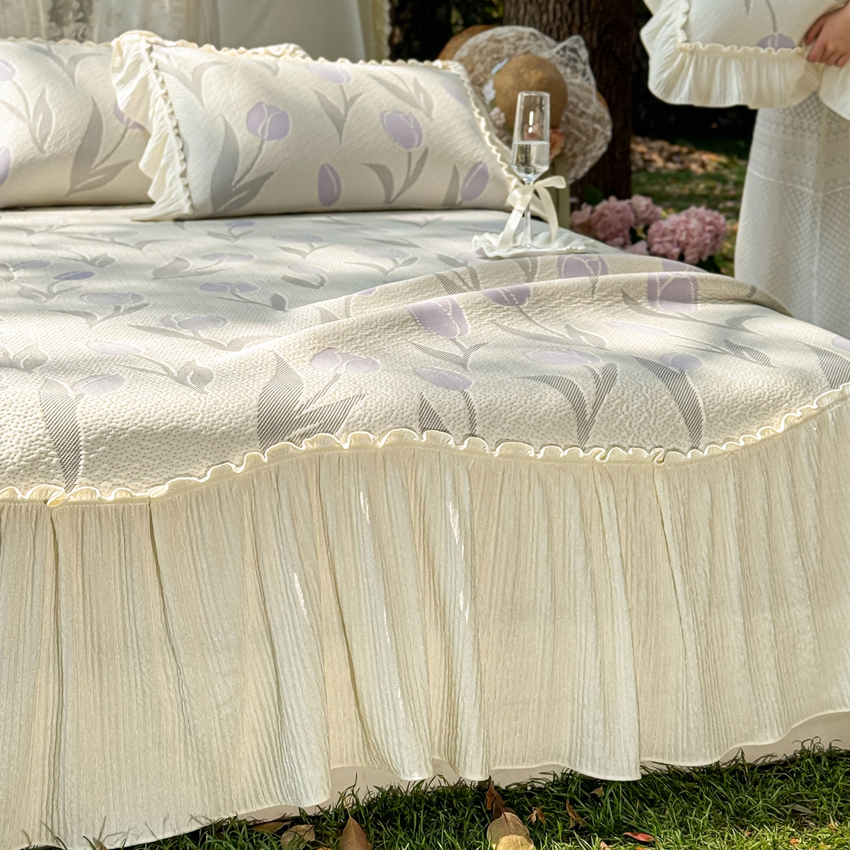 91家纺网 家纺一手货源 找家纺 乐朵家居 2026新款 奶芙 郁金香 弧度款 凉豆豆 凉席三件套-紫