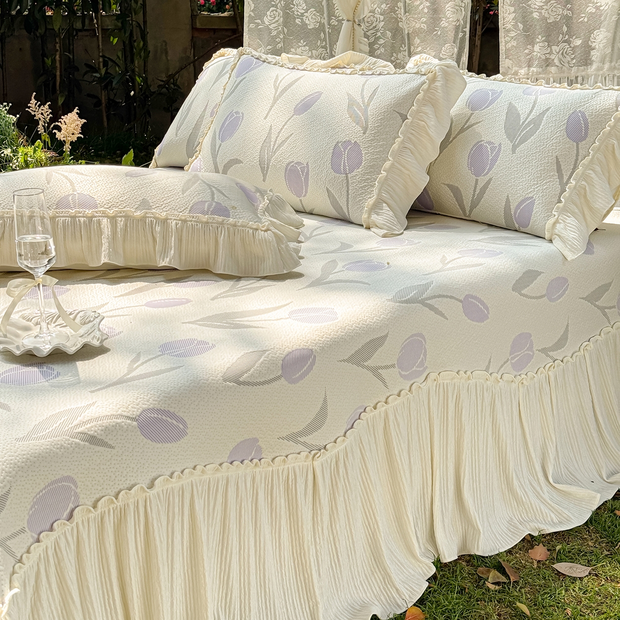 91家纺网 家纺一手货源 找家纺 乐朵家居 2026新款 奶芙 郁金香 弧度款 凉豆豆 凉席三件套-紫