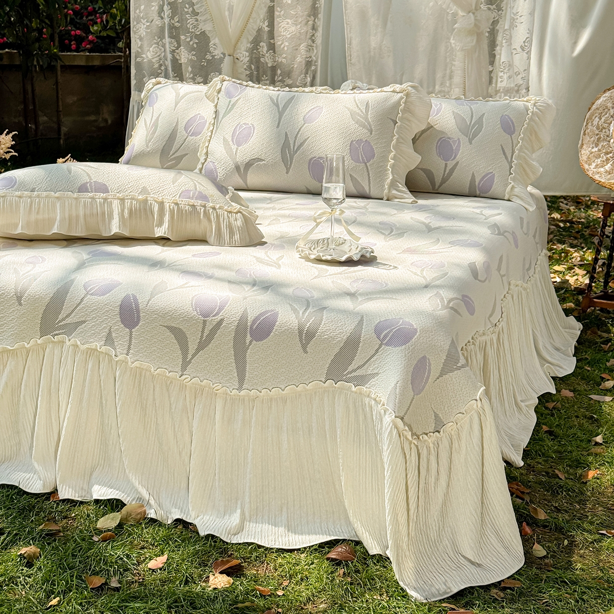 91家纺网 家纺一手货源 找家纺 乐朵家居 2026新款 奶芙 郁金香 弧度款 凉豆豆 凉席三件套-紫