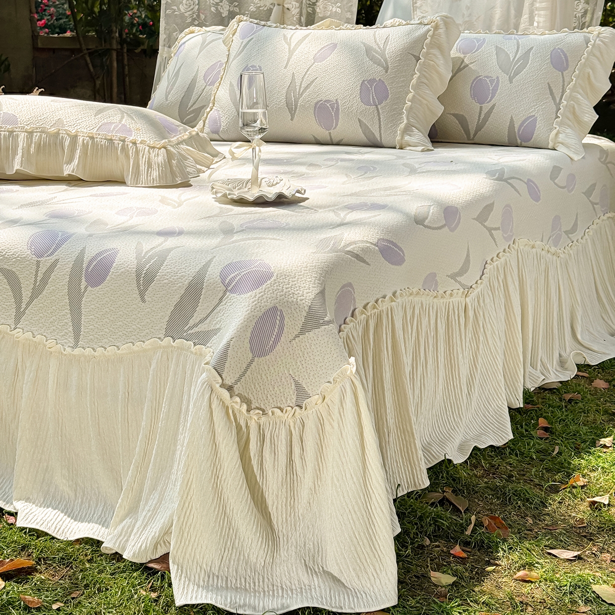 91家纺网 家纺一手货源 找家纺 乐朵家居 2026新款 奶芙 郁金香 弧度款 凉豆豆 凉席三件套-紫