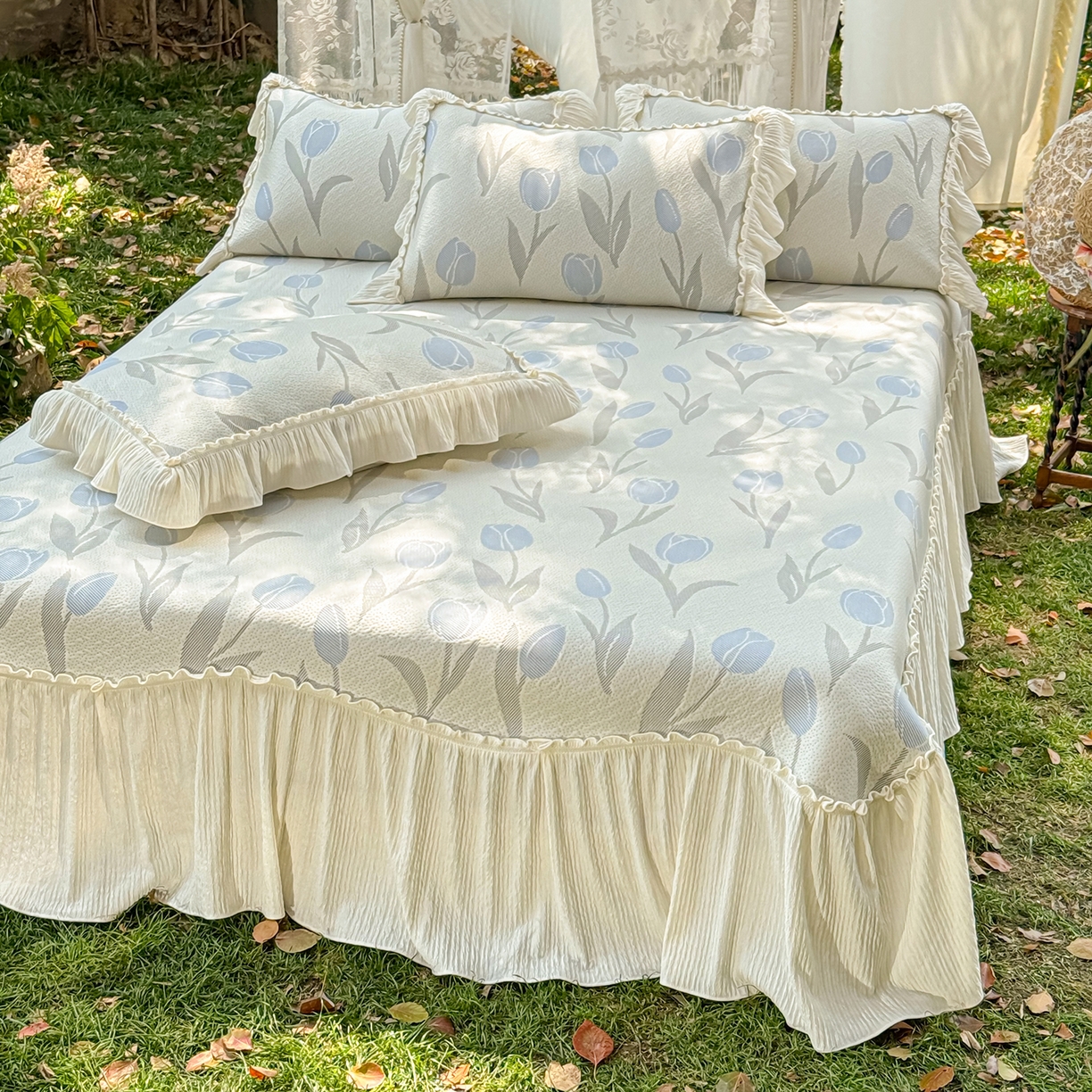 91家纺网 家纺一手货源 找家纺 乐朵家居 2026新款 奶芙 郁金香 弧度款 凉豆豆 凉席三件套 -蓝