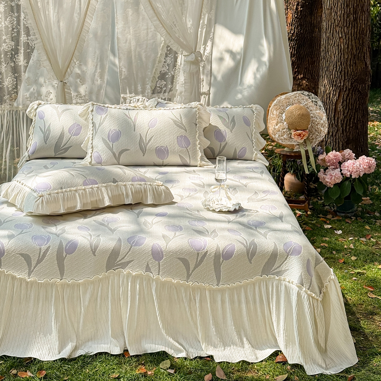 91家纺网 家纺一手货源 找家纺 乐朵家居 2026新款 奶芙 郁金香 弧度款 凉豆豆 凉席三件套-紫