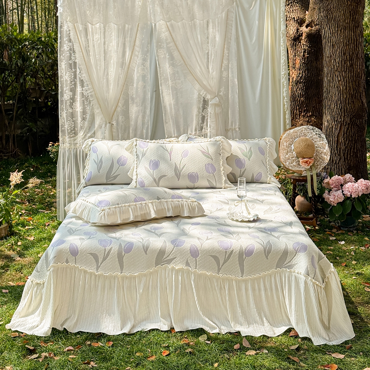 91家纺网 家纺一手货源 找家纺 （总）乐朵家居 2026新款 奶芙 郁金香 弧度款（加厚复合） 凉豆豆 凉席三件套