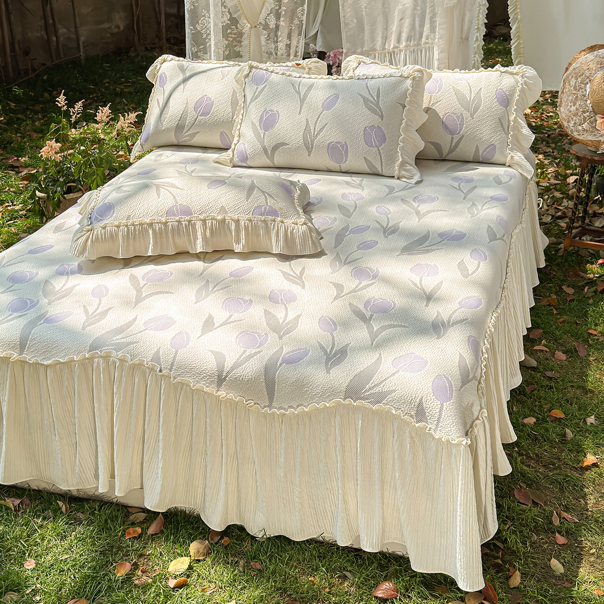 91家纺网 家纺一手货源 找家纺 乐朵家居 2026新款 奶芙 郁金香 弧度款 凉豆豆 凉席三件套-紫