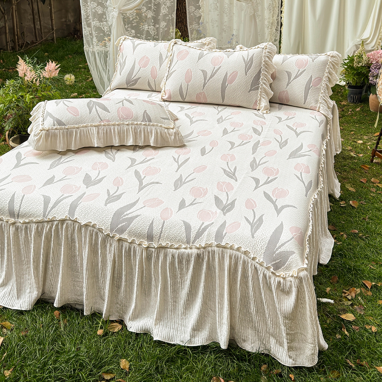 91家纺网 家纺一手货源 找家纺 乐朵家居 2026新款 奶芙 郁金香 弧度款 凉豆豆 凉席三件套-粉