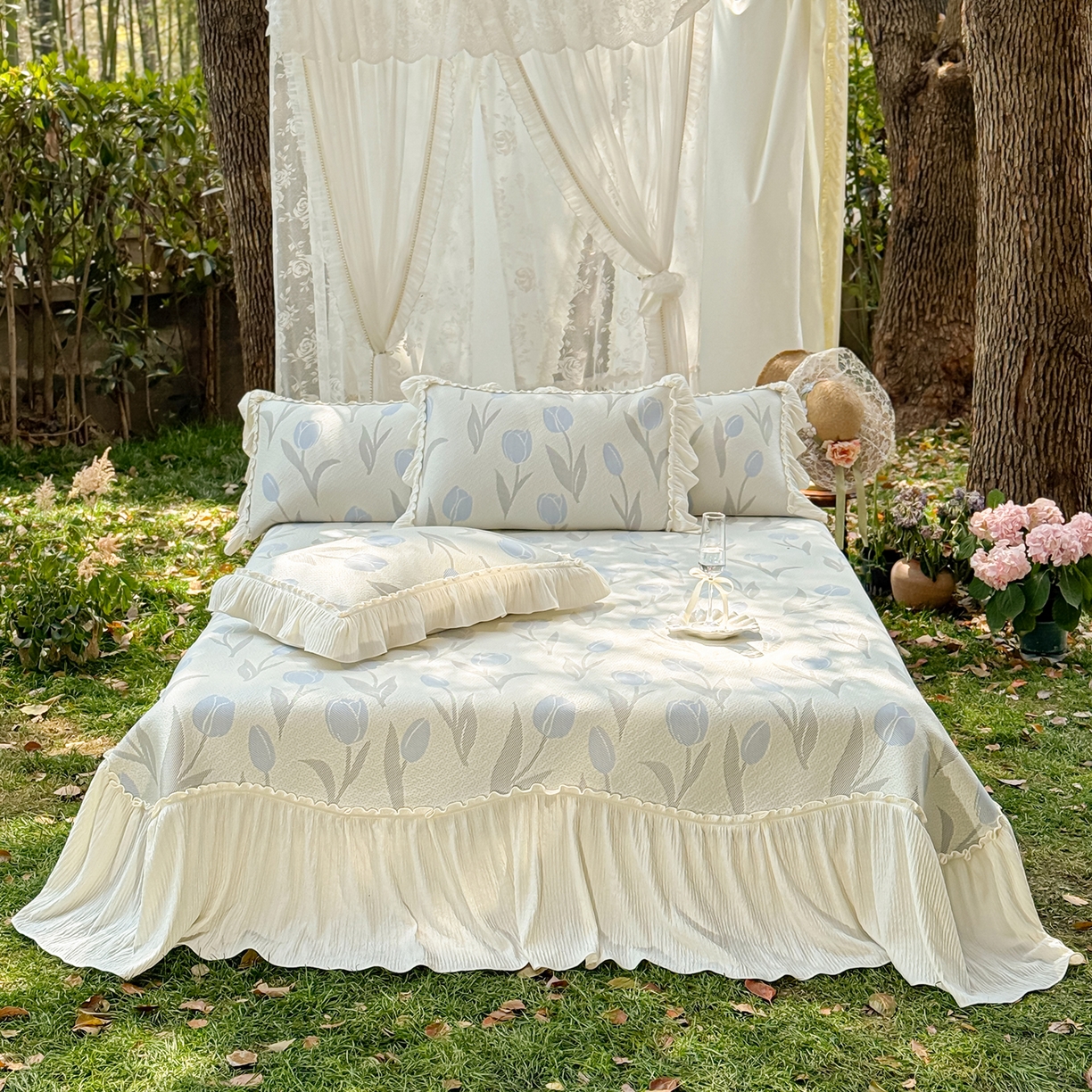 91家纺网 家纺一手货源 找家纺 乐朵家居 2026新款 奶芙 郁金香 弧度款 凉豆豆 凉席三件套 -蓝