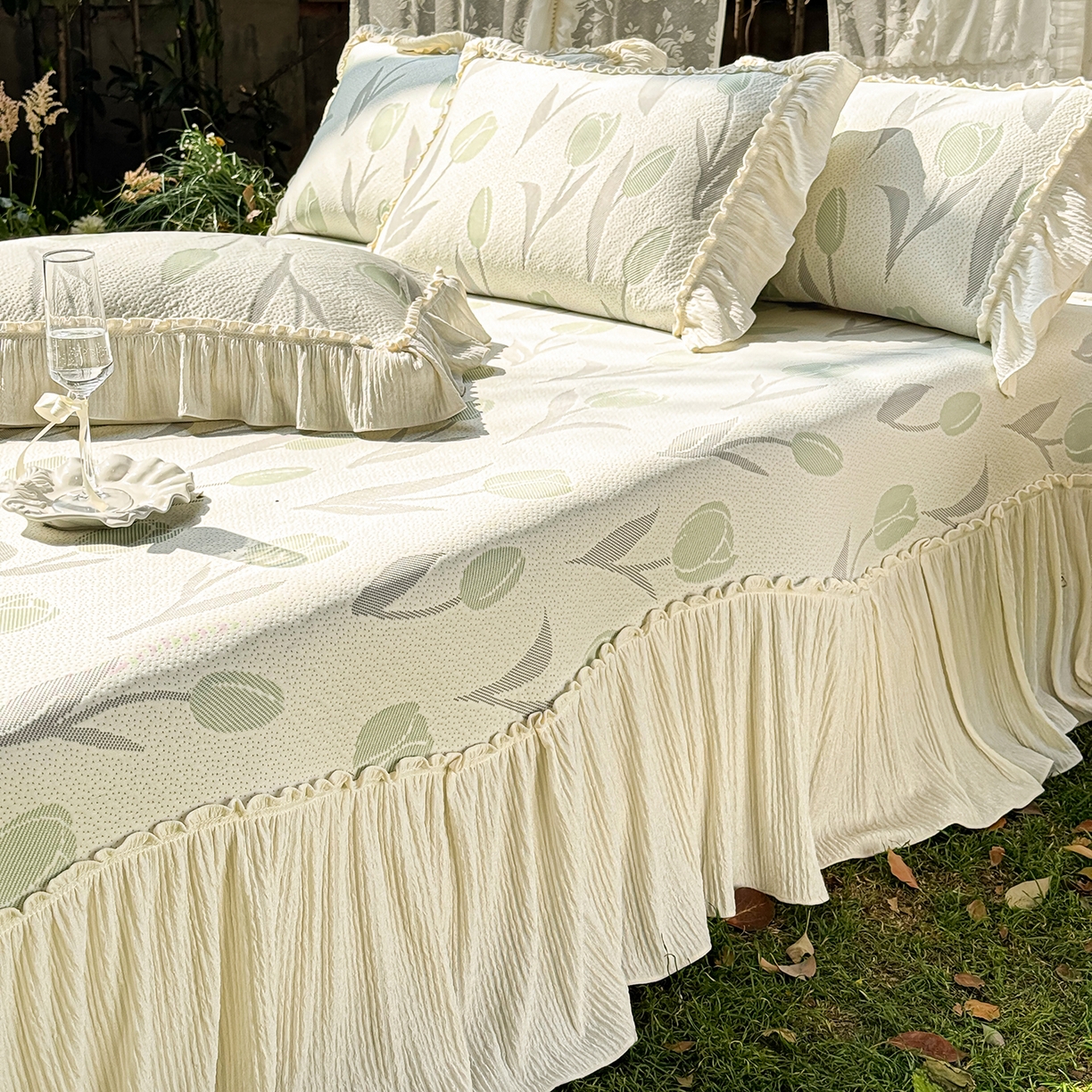 91家纺网 家纺一手货源 找家纺 乐朵家居 2026新款 奶芙 郁金香 弧度款 凉豆豆 凉席三件套-绿