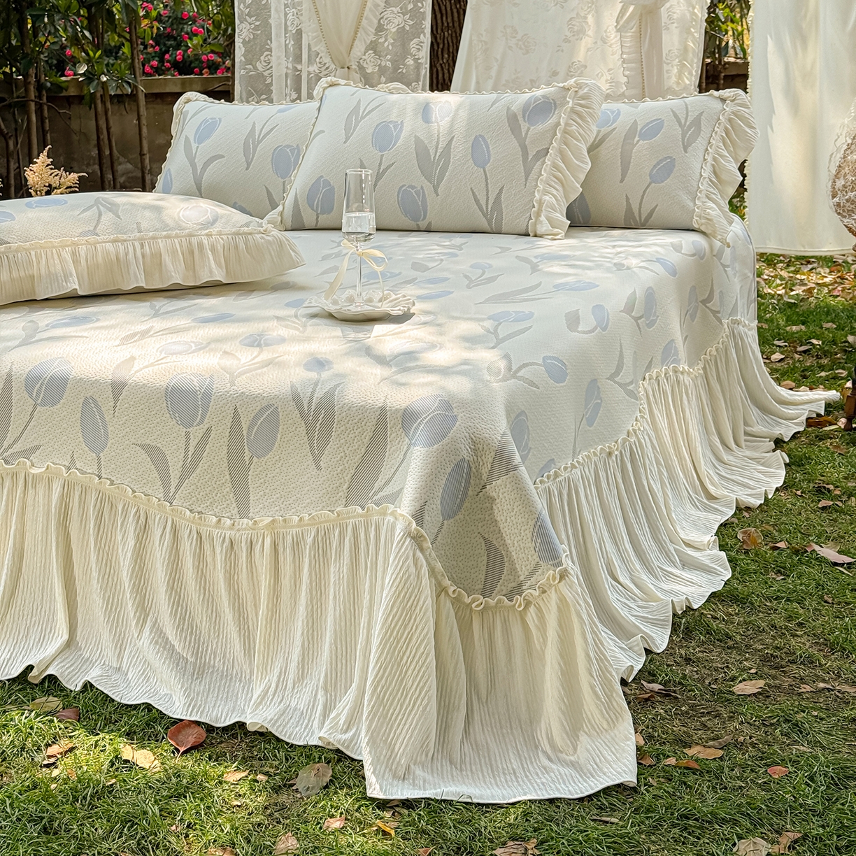 91家纺网 家纺一手货源 找家纺 乐朵家居 2026新款 奶芙 郁金香 弧度款 凉豆豆 凉席三件套 -蓝