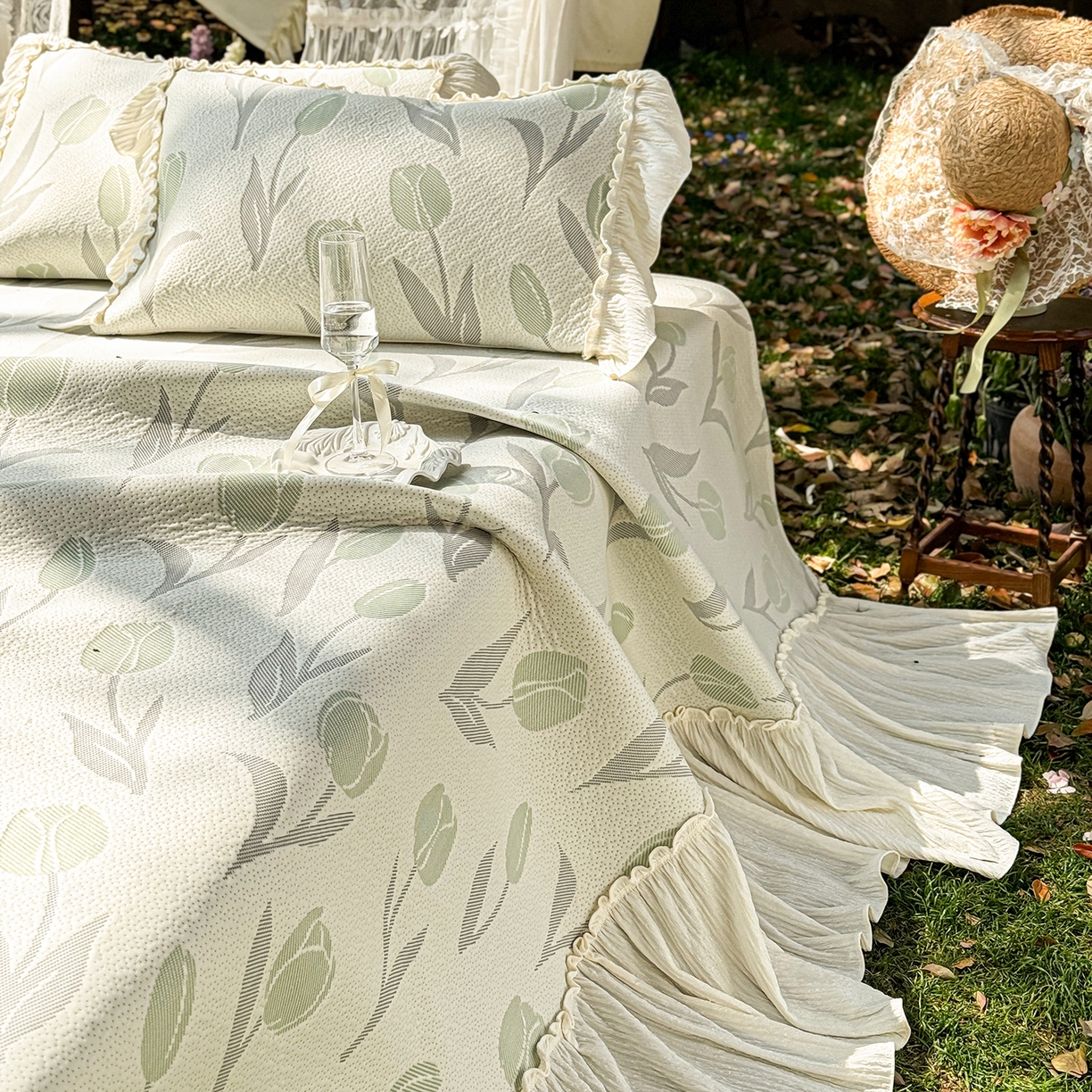 91家纺网 家纺一手货源 找家纺 乐朵家居 2026新款 奶芙 郁金香 弧度款 凉豆豆 凉席三件套-绿