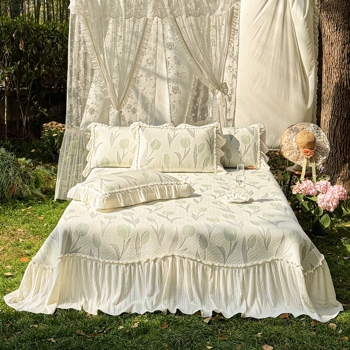 91家纺网 家纺一手货源 找家纺 乐朵家居 2026新款 奶芙 郁金香 弧度款 凉豆豆 凉席三件套-绿