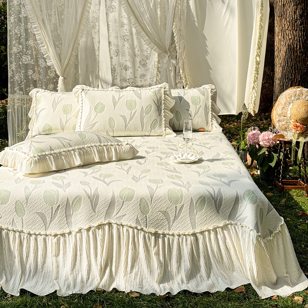 91家纺网 家纺一手货源 找家纺 乐朵家居 2026新款 奶芙 郁金香 弧度款 凉豆豆 凉席三件套-绿