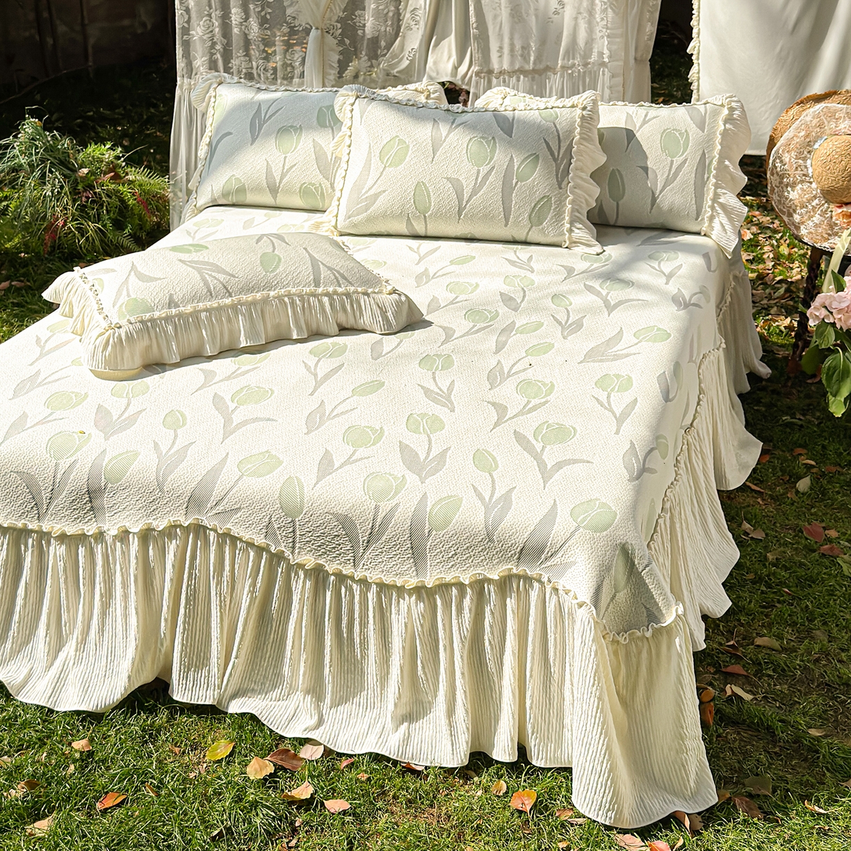 91家纺网 家纺一手货源 找家纺 乐朵家居 2026新款 奶芙 郁金香 弧度款 凉豆豆 凉席三件套-绿