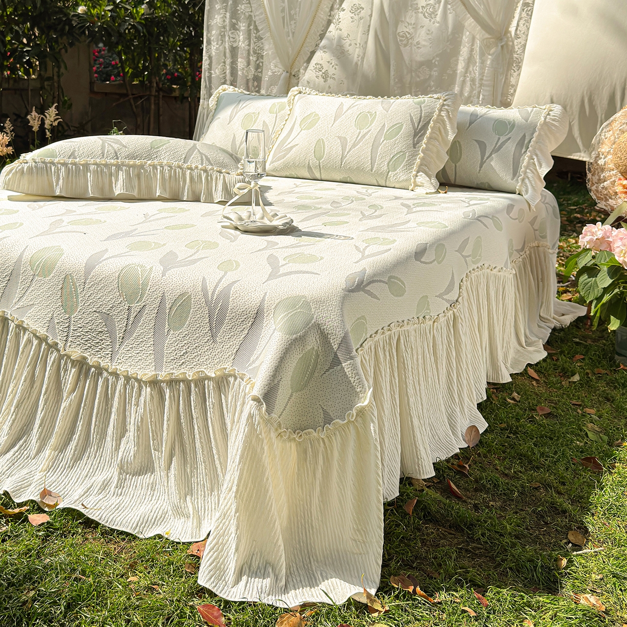 91家纺网 家纺一手货源 找家纺 乐朵家居 2026新款 奶芙 郁金香 弧度款 凉豆豆 凉席三件套-绿