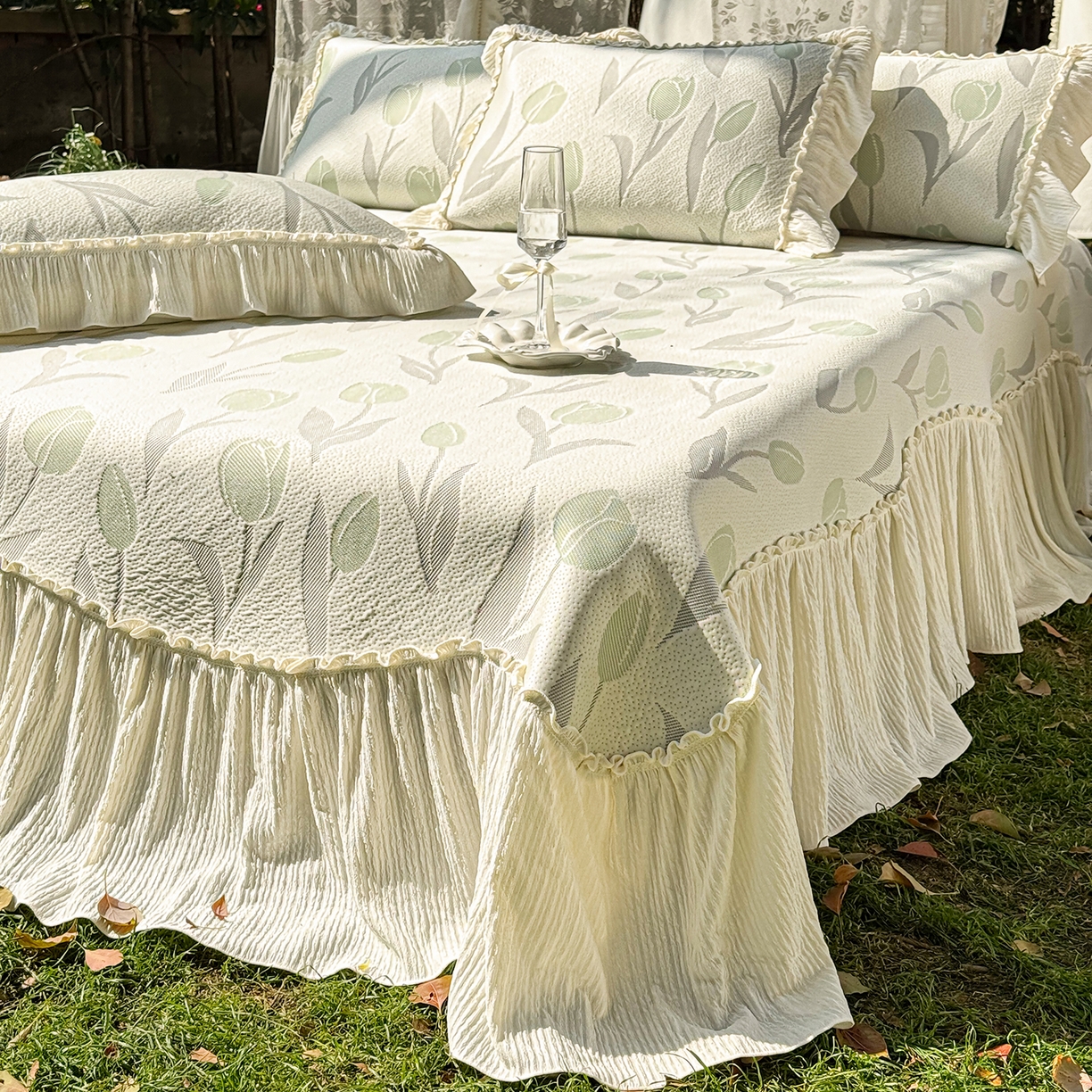 91家纺网 家纺一手货源 找家纺 乐朵家居 2026新款 奶芙 郁金香 弧度款 凉豆豆 凉席三件套-绿