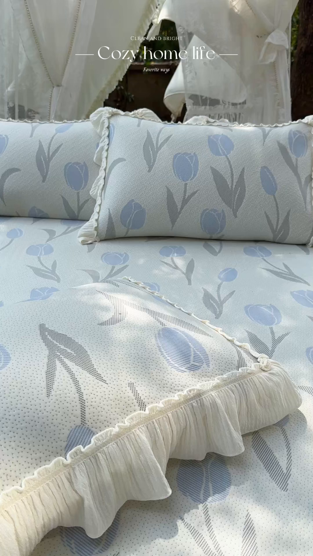 91家纺网 家纺一手货源 找家纺 乐朵家居 2026新款 奶芙 郁金香 弧度款 凉豆豆 凉席三件套 -蓝