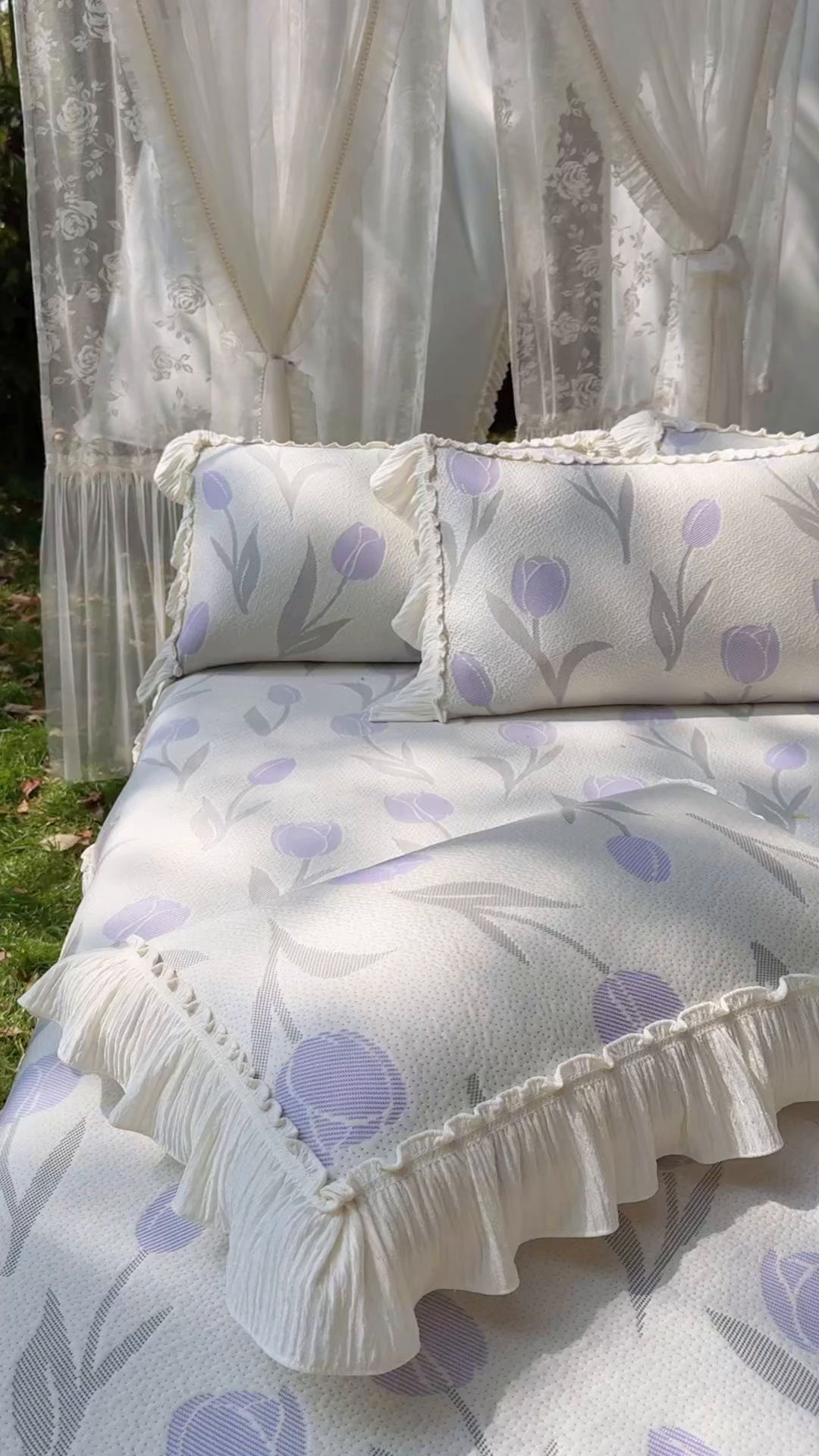 91家纺网 家纺一手货源 找家纺 乐朵家居 2026新款 奶芙 郁金香 弧度款 凉豆豆 凉席三件套-紫