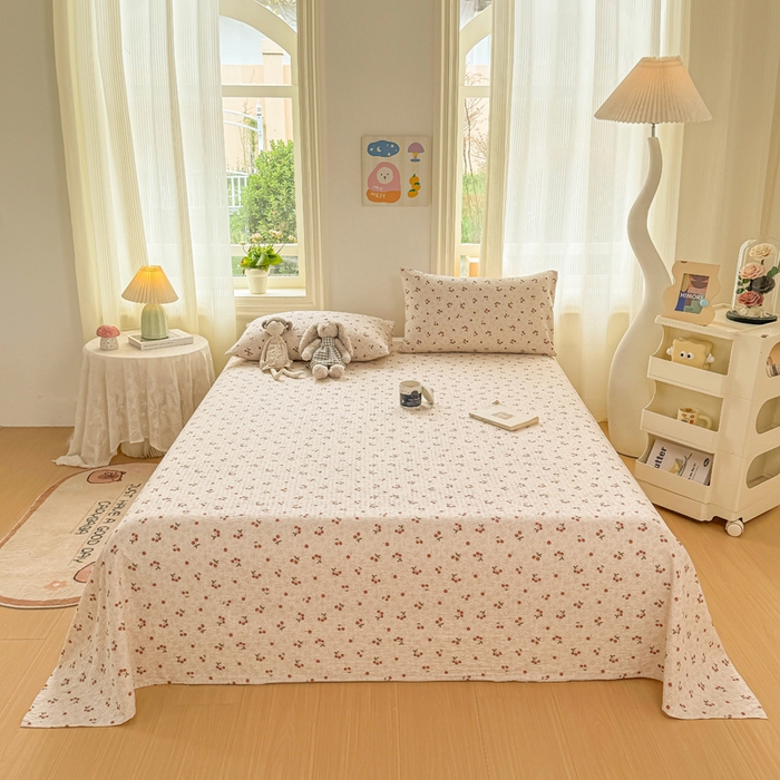 91家纺网 家纺一手货源 找家纺 梵朴 2026新款A类泡芙纱云感邹邹纱双层纱单床单 酒渍樱桃