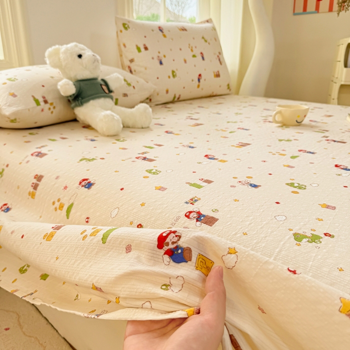 91家纺网 家纺一手货源 找家纺 梵朴 2026新款A类泡芙纱云感邹邹纱双层纱单床单 快乐马里奥