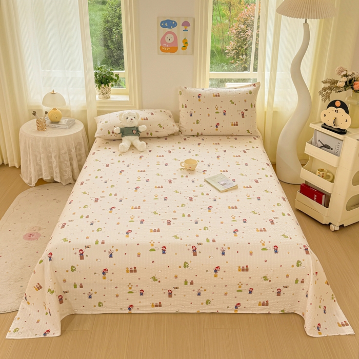 91家纺网 家纺一手货源 找家纺 梵朴 2026新款A类泡芙纱云感邹邹纱双层纱单床单 快乐马里奥