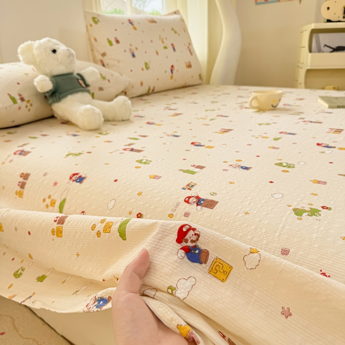 91家纺网 家纺一手货源 找家纺 梵朴 2026新款A类泡芙纱云感邹邹纱双层纱单床单 快乐马里奥