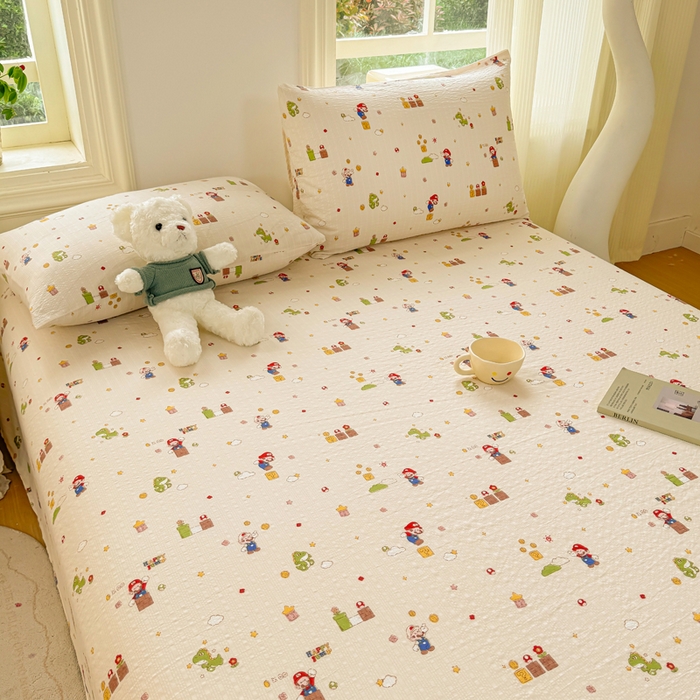 91家纺网 家纺一手货源 找家纺 梵朴 2026新款A类泡芙纱云感邹邹纱双层纱单床单 快乐马里奥