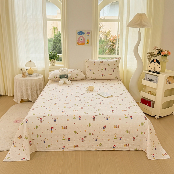 91家纺网 家纺一手货源 找家纺 梵朴 2026新款A类泡芙纱云感邹邹纱双层纱单床单 快乐马里奥