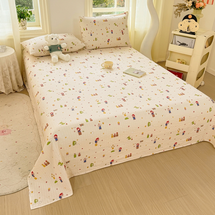 91家纺网 家纺一手货源 找家纺 梵朴 2026新款A类泡芙纱云感邹邹纱双层纱单床单 快乐马里奥