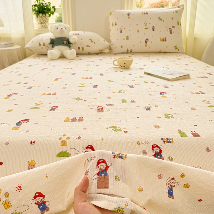 91家纺网 家纺一手货源 找家纺 梵朴 2026新款A类泡芙纱云感邹邹纱双层纱单床单 快乐马里奥