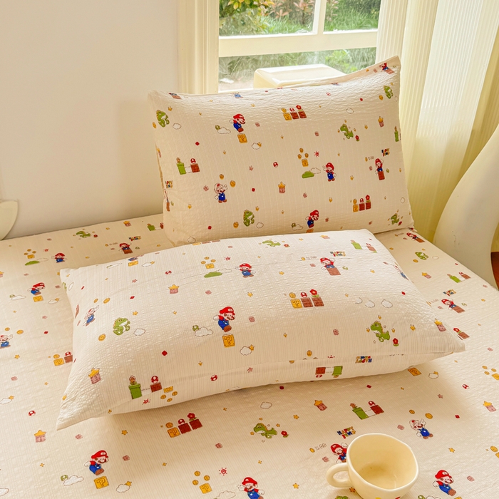 91家纺网 家纺一手货源 找家纺 梵朴 2026新款A类泡芙纱云感邹邹纱双层纱单床单 快乐马里奥