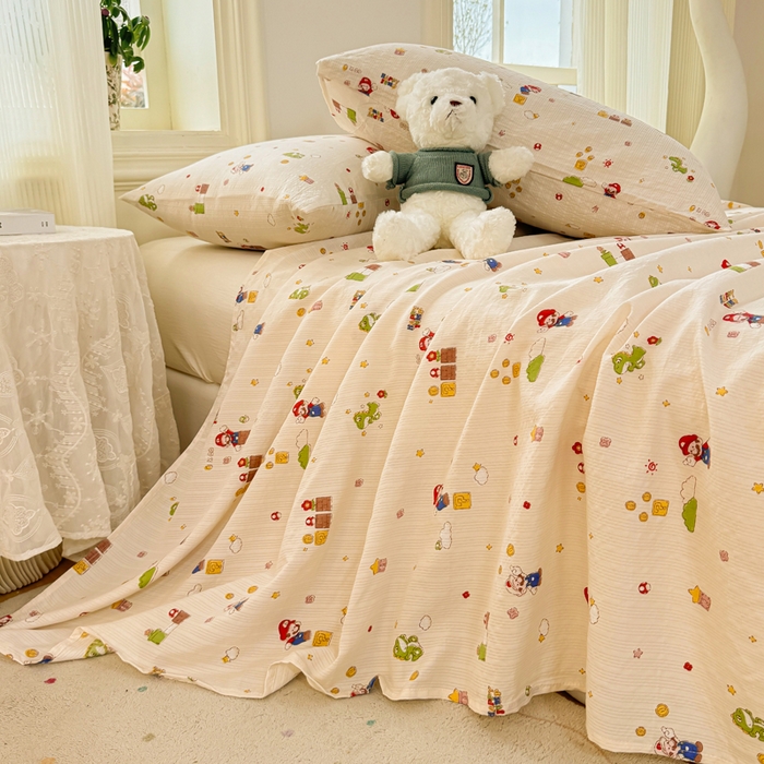 91家纺网 家纺一手货源 找家纺 梵朴 2026新款A类泡芙纱云感邹邹纱双层纱单床单 快乐马里奥