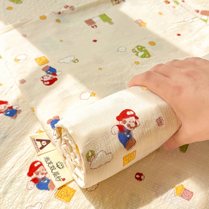 91家纺网 家纺一手货源 找家纺 梵朴 2026新款A类泡芙纱云感邹邹纱双层纱单床单 快乐马里奥