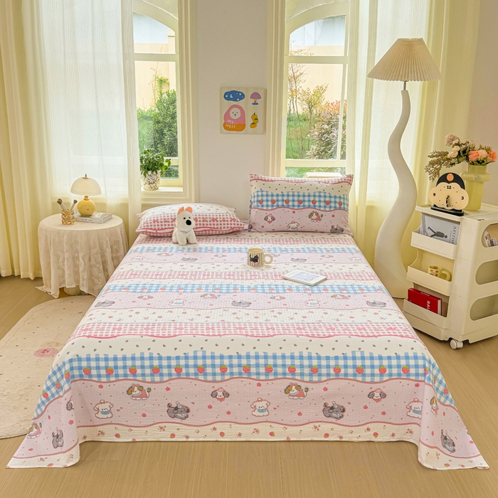 91家纺网 家纺一手货源 找家纺 梵朴 2026新款A类泡芙纱云感邹邹纱双层纱单床单 快乐小狗