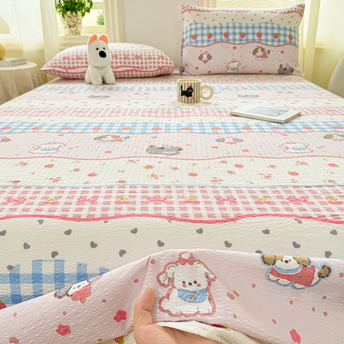 91家纺网 家纺一手货源 找家纺 梵朴 2026新款A类泡芙纱云感邹邹纱双层纱单床单 快乐小狗