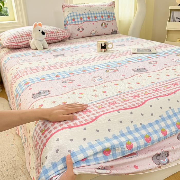 91家纺网 家纺一手货源 找家纺 梵朴 2026新款A类泡芙纱云感邹邹纱双层纱单床单 快乐小狗