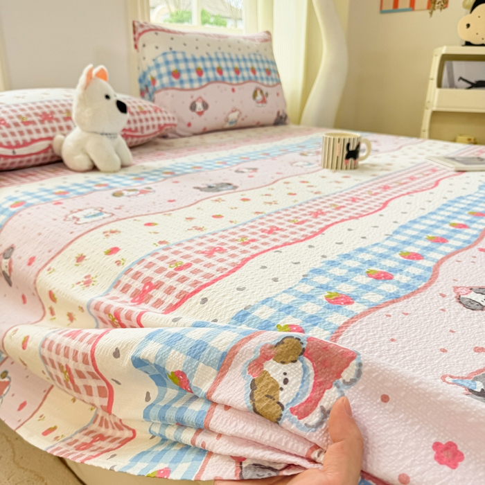 91家纺网 家纺一手货源 找家纺 梵朴 2026新款A类泡芙纱云感邹邹纱双层纱单床单 快乐小狗