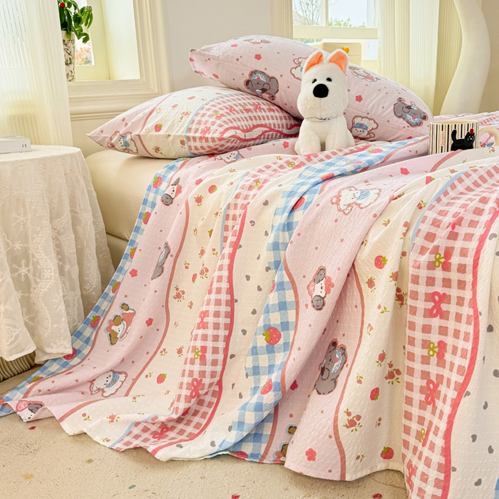 91家纺网 家纺一手货源 找家纺 梵朴 2026新款A类泡芙纱云感邹邹纱双层纱单床单 快乐小狗