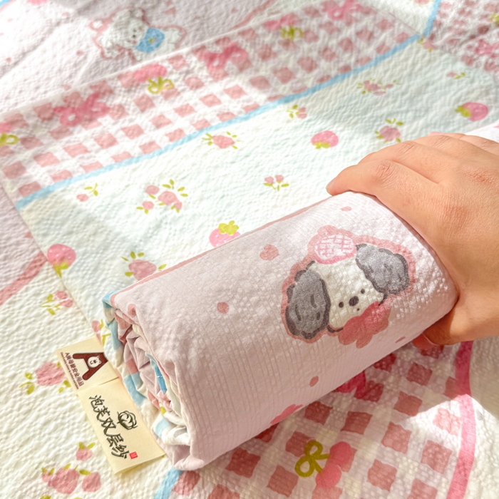 91家纺网 家纺一手货源 找家纺 梵朴 2026新款A类泡芙纱云感邹邹纱双层纱单床单 快乐小狗