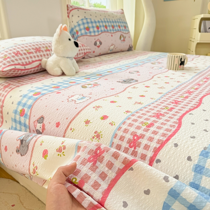 91家纺网 家纺一手货源 找家纺 梵朴 2026新款A类泡芙纱云感邹邹纱双层纱单床单 快乐小狗