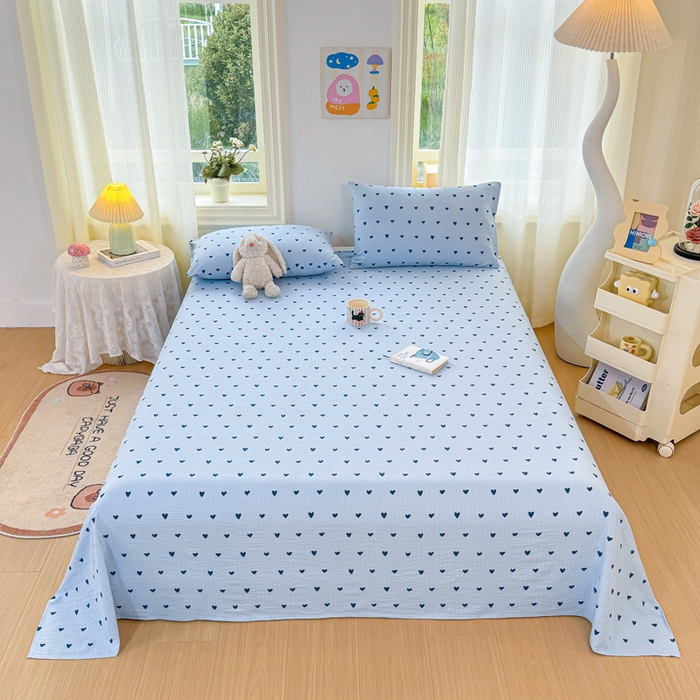 91家纺网 家纺一手货源 找家纺 梵朴 2026新款A类泡芙纱云感邹邹纱双层纱单床单 蓝调爱心