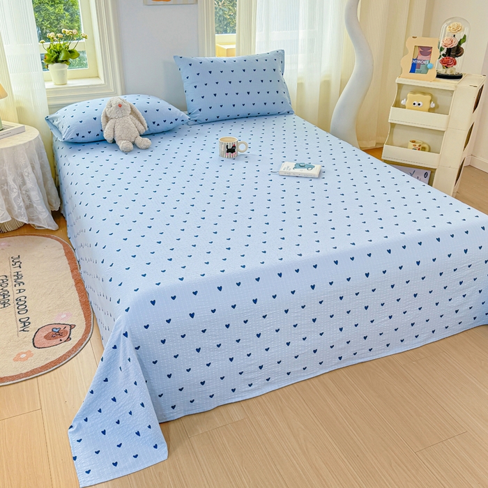91家纺网 家纺一手货源 找家纺 梵朴 2026新款A类泡芙纱云感邹邹纱双层纱单床单 蓝调爱心