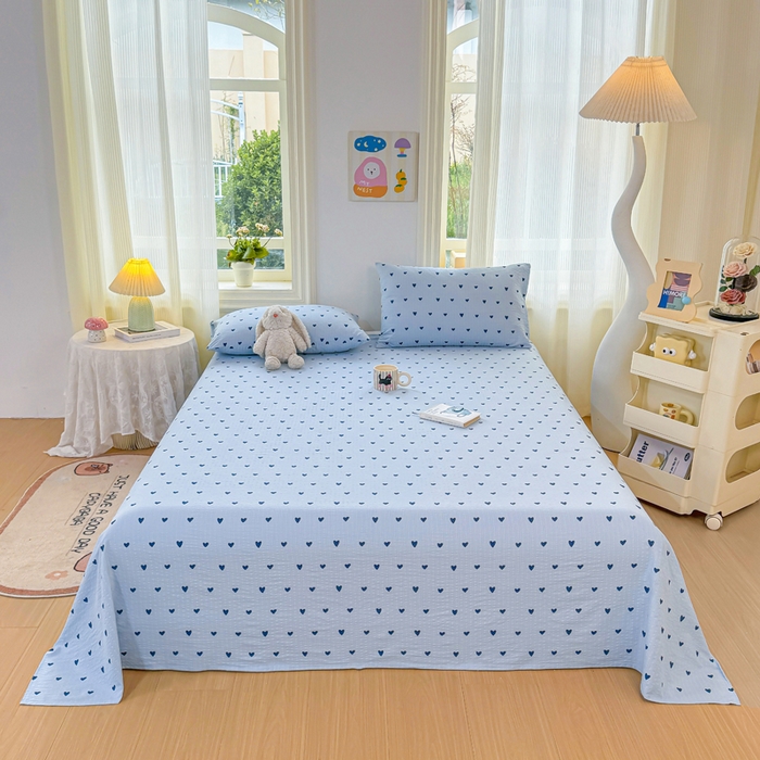 91家纺网 家纺一手货源 找家纺 梵朴 2026新款A类泡芙纱云感邹邹纱双层纱单床单 蓝调爱心