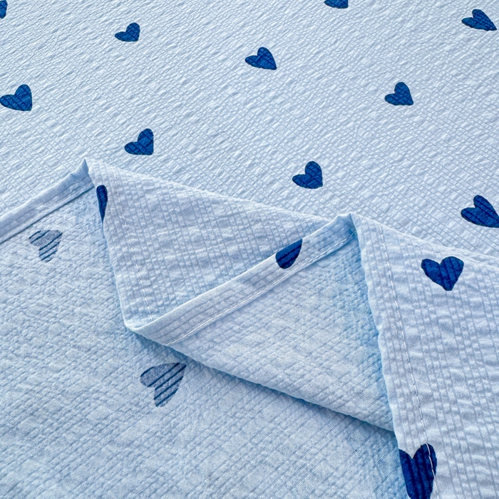 91家纺网 家纺一手货源 找家纺 梵朴 2026新款A类泡芙纱云感邹邹纱双层纱单床单 蓝调爱心