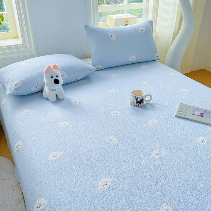 91家纺网 家纺一手货源 找家纺 梵朴 2026新款A类泡芙纱云感邹邹纱双层纱单床单 蓝色领结狗