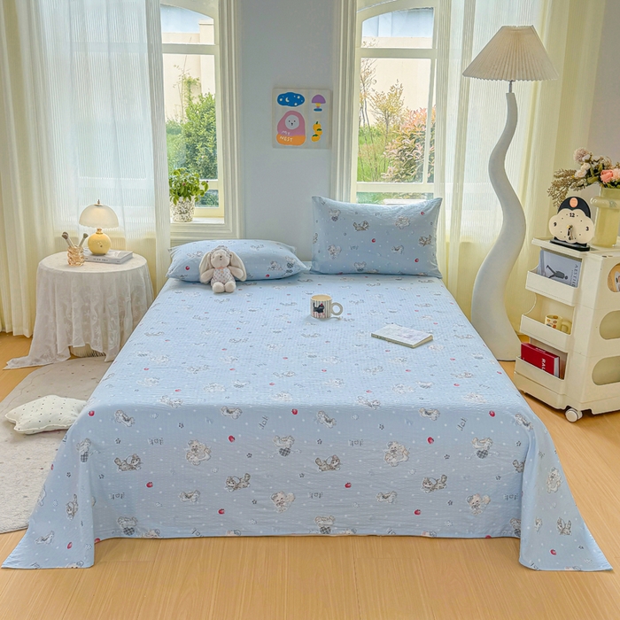 91家纺网 家纺一手货源 找家纺 梵朴 2026新款A类泡芙纱云感邹邹纱双层纱单床单 猫咪蓝